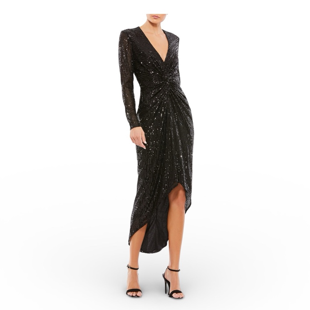 Ieena for Mac Duggal Black Sequin Knotted Long Sleeve Midi Dress Size 6 NWT